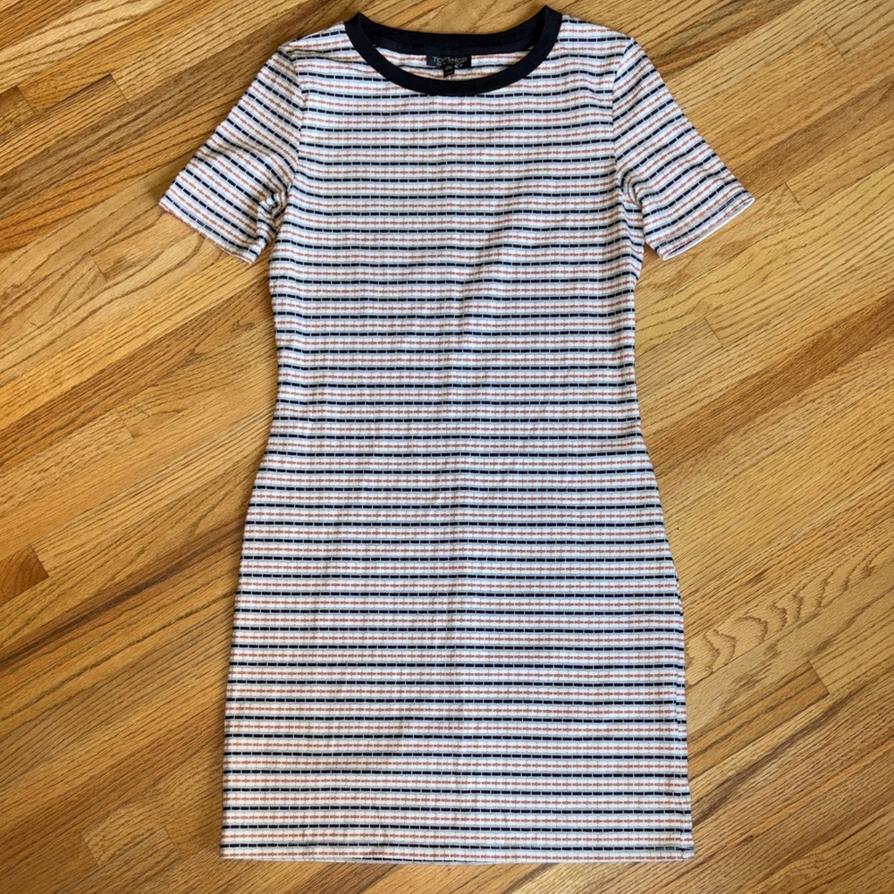 Topshop size 6 Striped Short Sleeve Mini Dress in black, tan and White
